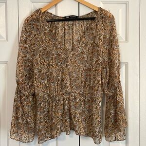 Zara Floral Paisley Semi-Sheer Blouse Size S